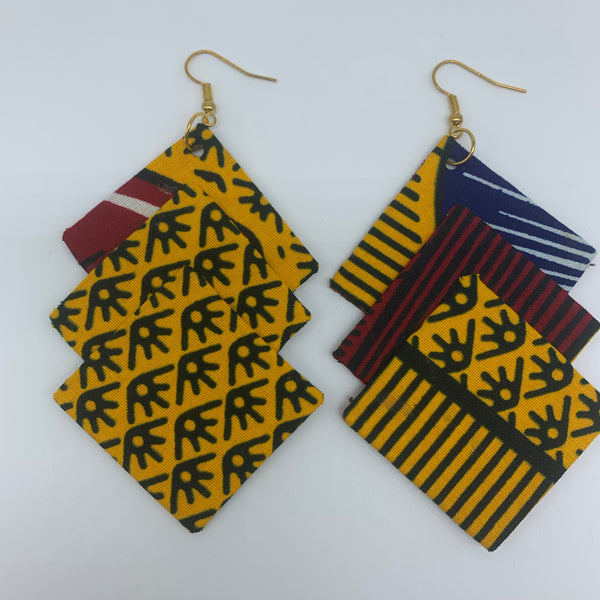 African Print Earrings-3 Squares Reversible Yellow Variation - Lillon Boutique