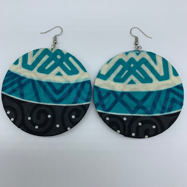 African Print Earrings-Round W/Button L Blue Variation