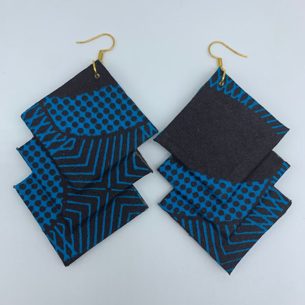 African Print Earrings-3 Squares Reversible Blue Variation 4