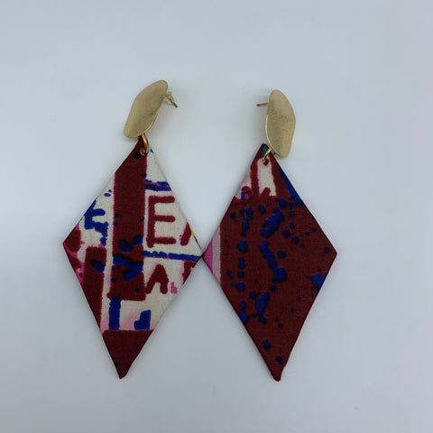 African Print Earrings-Metal XL Diamond Red Variation