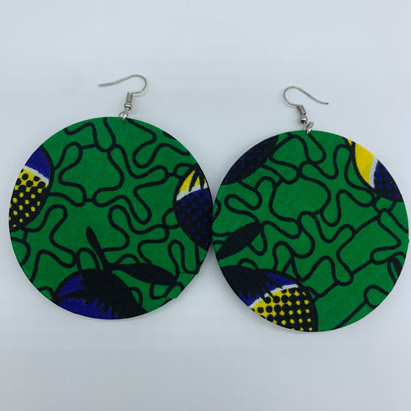 African Print Earrings-Round W/Button L Green Variation 2