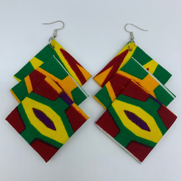 African Print Earrings-3 Squares Reversible Green Variation 2