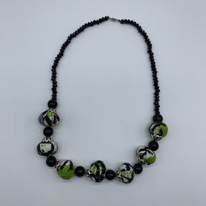 African Print Necklace W/ Beads-Green Variation 3