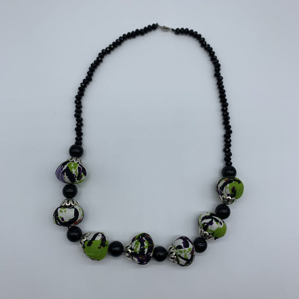African Print Necklace W/ Beads-Green Variation 3
