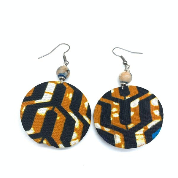 African Print Earrings W/ Beads-Round XS Brown Variation