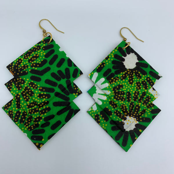 African Print Earrings-3 Squares Reversible Green Variation 3