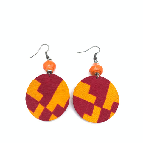 African Print Earrings W/ Beads-Round XS Orange Variation 5