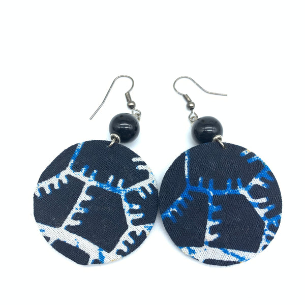 African Print Earrings W/ Beads-Round XS Blue Variation