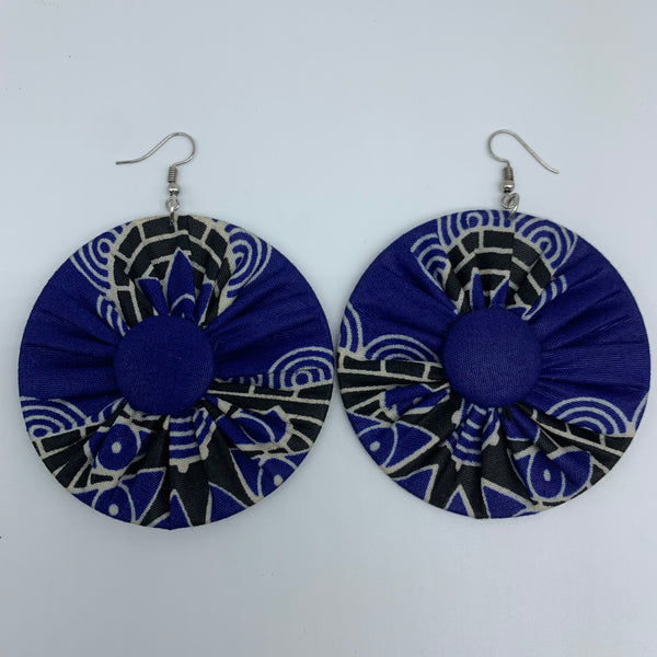 African Print Earrings-Round W/Button L Blue Variation 5