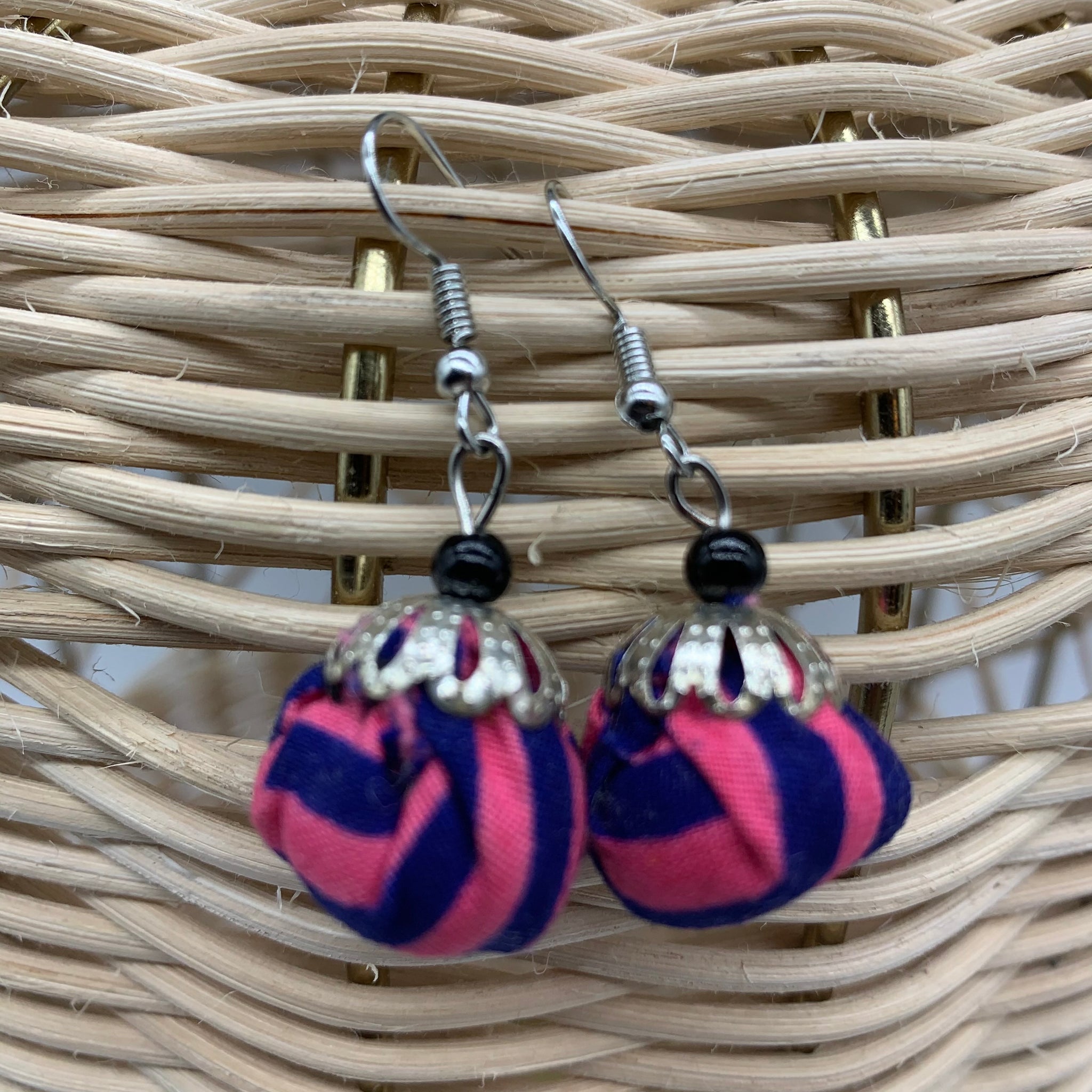 African Print Earrings W/ Beads-Puff Ball Pink Variation 2