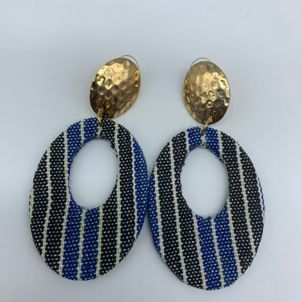 African Print Earrings-Metal Oval Blue Variation