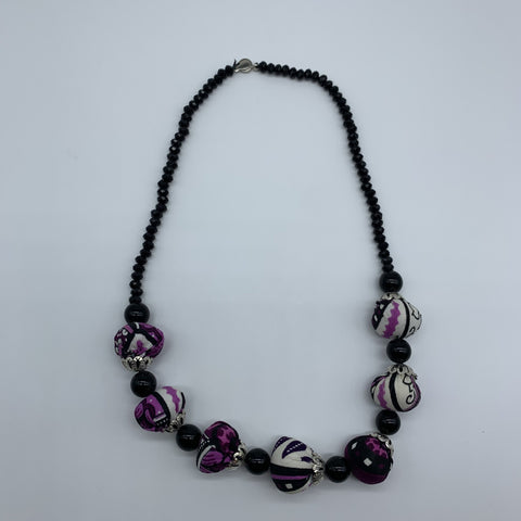 African Print Necklace W/ Beads-Purple Variation 2 - Lillon Boutique