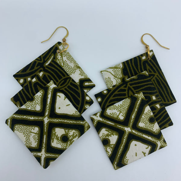 African Print Earrings-3 Squares Reversible Green Variation 4