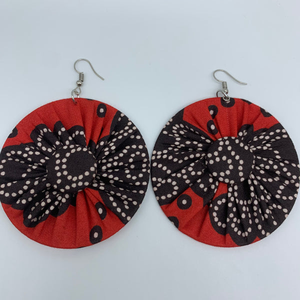 African Print Earrings-Round W/Button L Red Variation 3