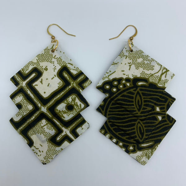 African Print Earrings-3 Squares Reversible Green Variation 4