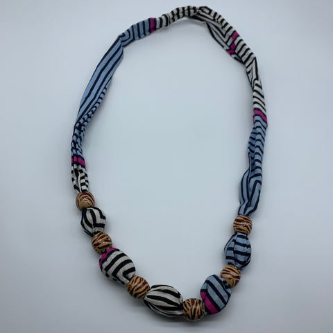 African Print Necklace W/Wooden Beads- L Blue Variation - Lillon Boutique