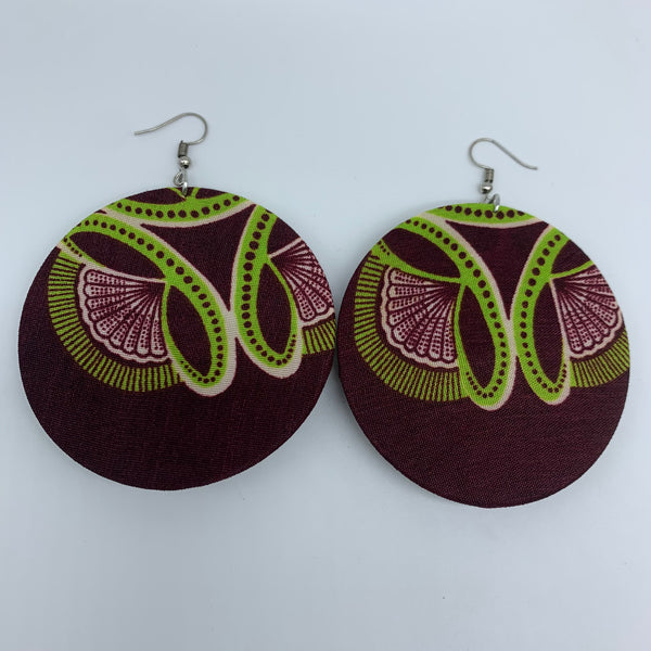 African Print Earrings-Round W/Button L Red Variation 2