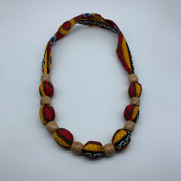African Print Necklace W/Wooden Beads-Red Variation - Lillon Boutique