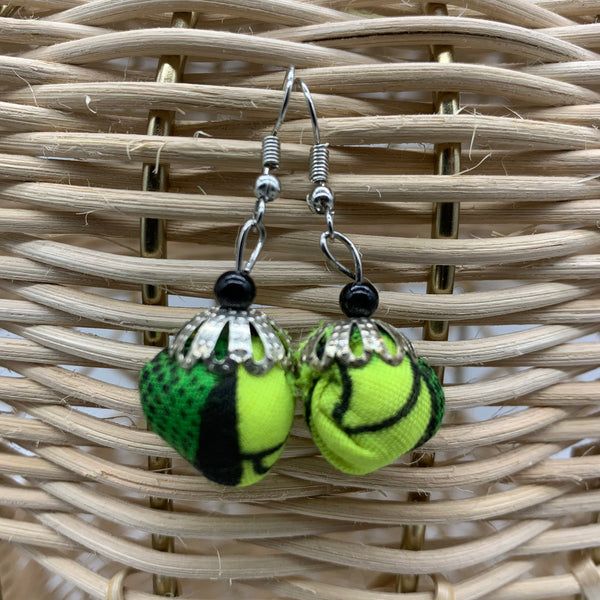 African Print Earrings W/ Beads-Puff Ball Green Variation 2