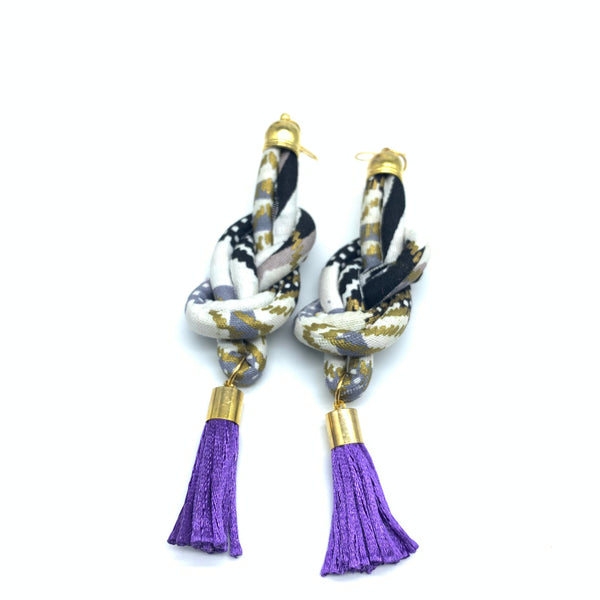 African Print Earrings-Knotted L White Variation 3