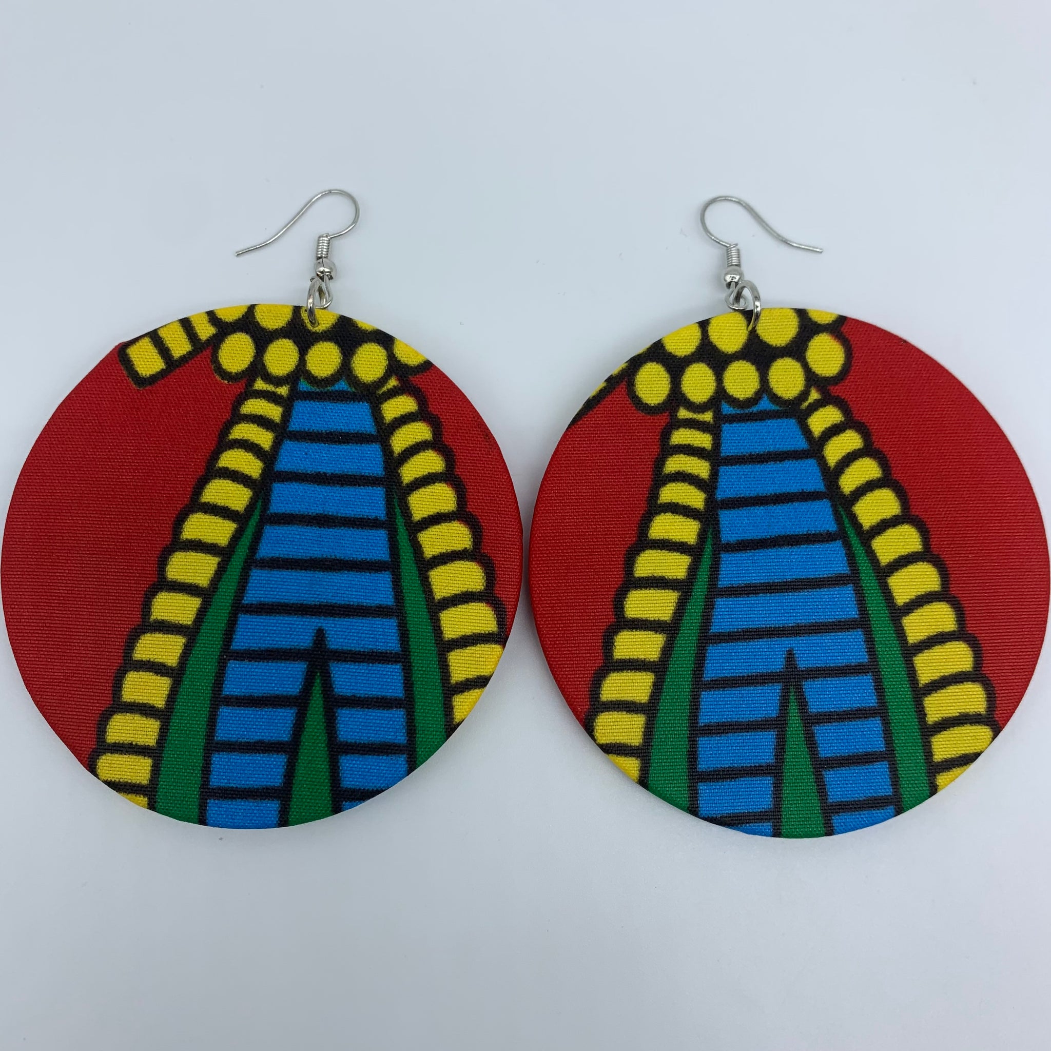 African Print Earrings-Round L Red Variation 12