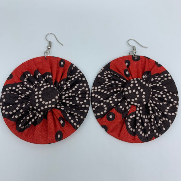 African Print Earrings-Round W/Button L Red Variation 3
