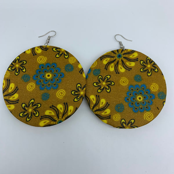 African Print Earrings-Round W/Button L Yellow Variation 2