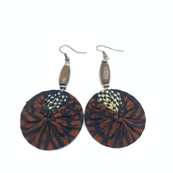African Print Earrings W/ Beads-Round XS Brown Variation 4