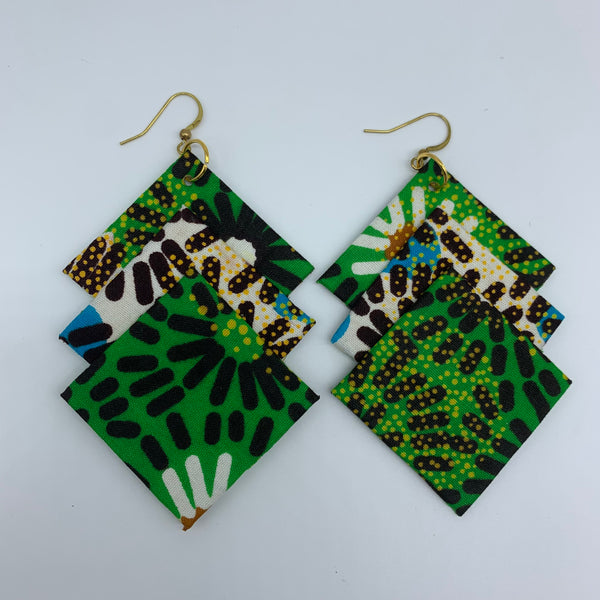 African Print Earrings-3 Squares Reversible Green Variation 3