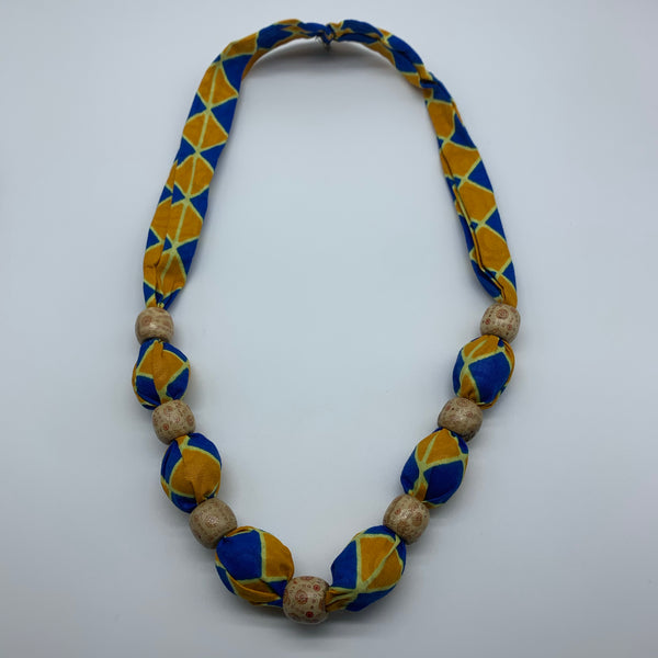 African Print Necklace W/Wooden Beads-Blue Variation 6 - Lillon Boutique