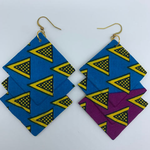 African Print Earrings-3 Squares Reversible Blue Variation 6