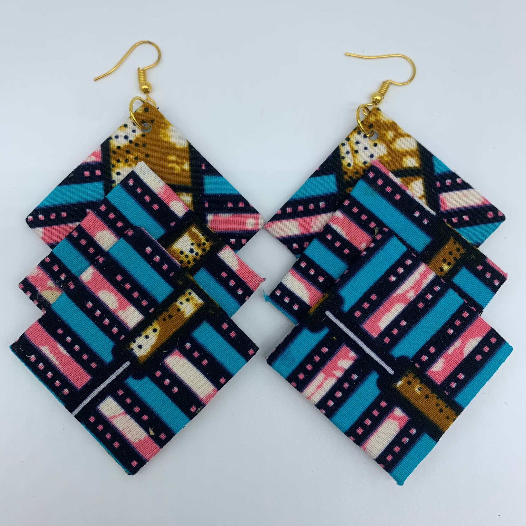 African Print Earrings-3 Squares Reversible Blue Variation 3