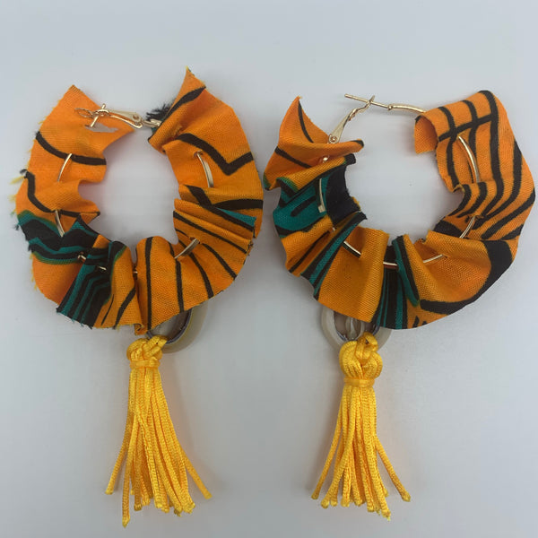 African Print W/Shell Earrings-Ruffle Hoops Orange Variation - Lillon Boutique