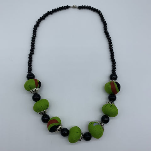 African Print Necklace W/ Beads-Green Variation 2