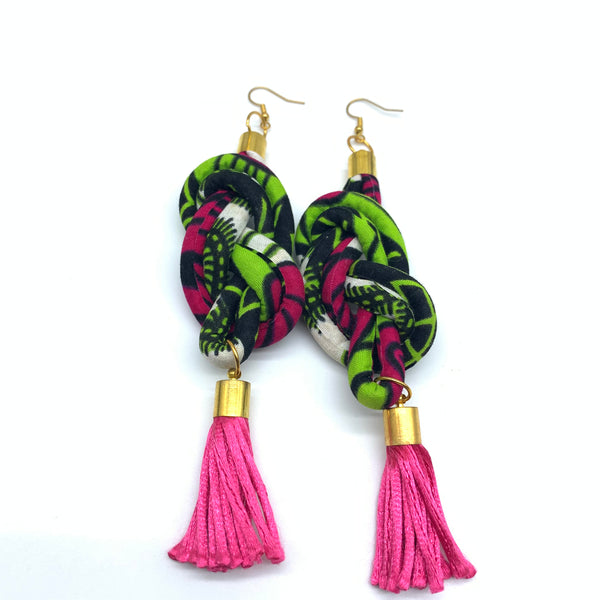 African Print Earrings-Knotted L Green Variation 10