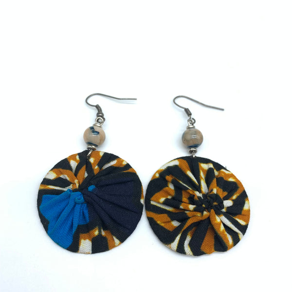 African Print Earrings W/ Beads-Round XS Brown Variation