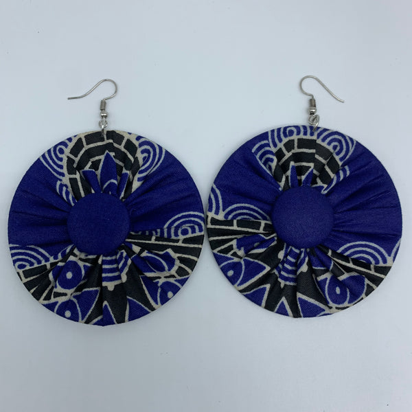 African Print Earrings-Round W/Button L Blue Variation 5