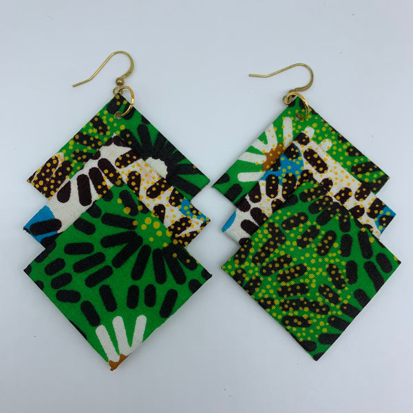 African Print Earrings-3 Squares Reversible Green Variation 3