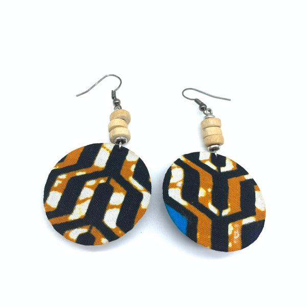 African Print Earrings W/ Beads-Round XS Brown Variation 2