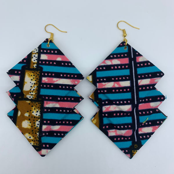 African Print Earrings-3 Squares Reversible Blue Variation 3