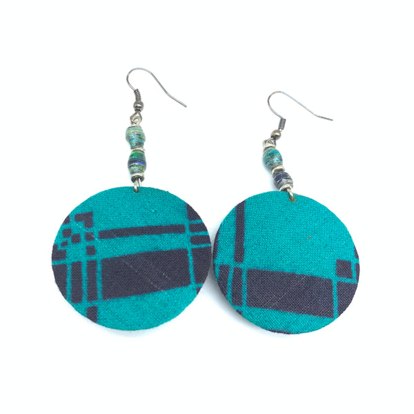 African Print Earrings W/ Beads-Round XS Green Variation 2