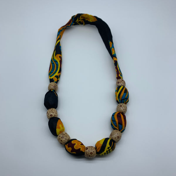 African Print Necklace W/Wooden Beads-Black Variation 2 - Lillon Boutique