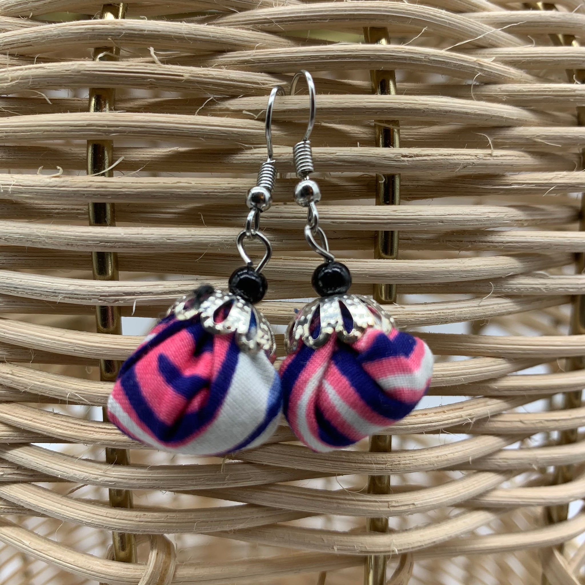 African Print Earrings W/ Beads-Puff Ball Pink Variation 3