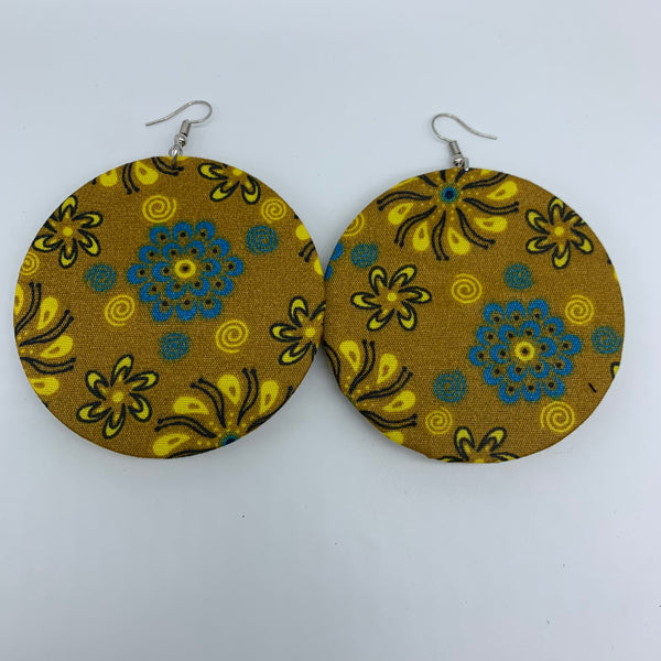 African Print Earrings-Round W/Button L Yellow Variation 2