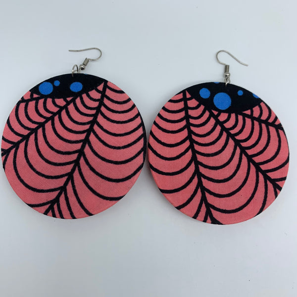 African Print Earrings-Round W/Button L Pink Variation 2