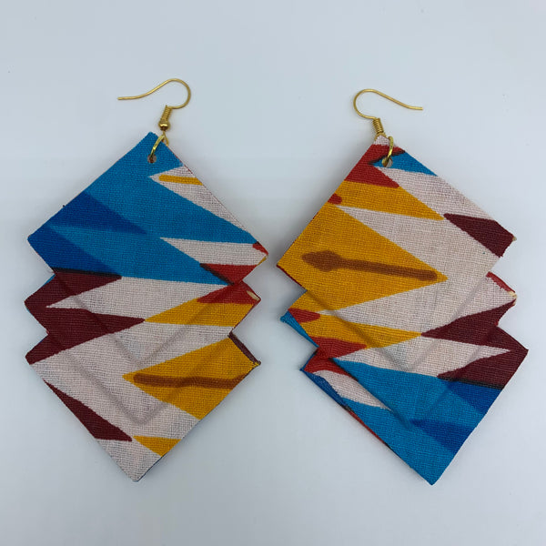 African Print Earrings-3 Squares Reversible Blue Variation 2