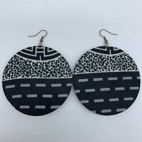 African Print Earrings-Round W/Button L Black Variation