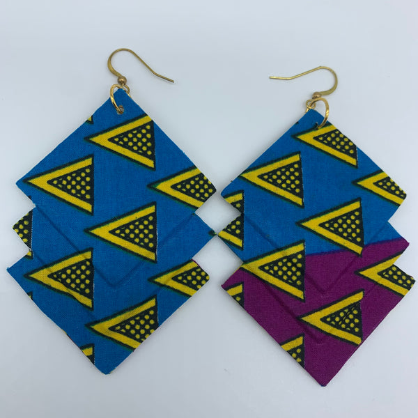 African Print Earrings-3 Squares Reversible Blue Variation 6