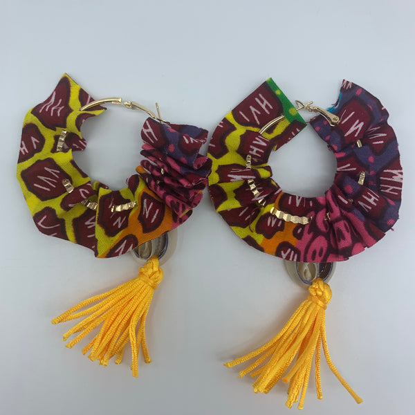 African Print W/Shell Earrings-Ruffle Hoops Red Variation - Lillon Boutique
