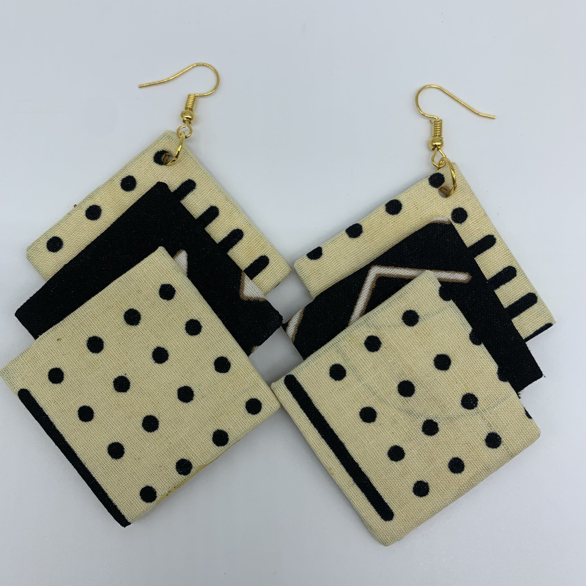 African Print Earrings-3 Squares Reversible Off White Variation 4